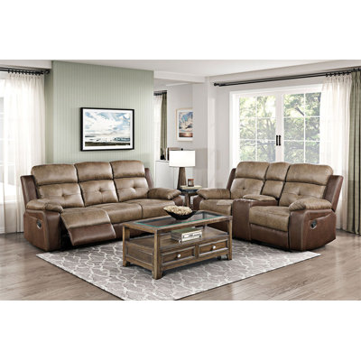 Comtable Reclining Sofa 2pc Set Faux Leather Upholstered Dual Reclining Sofa Loveseat Nailhead Trim Power USB Ports Wildon Home
